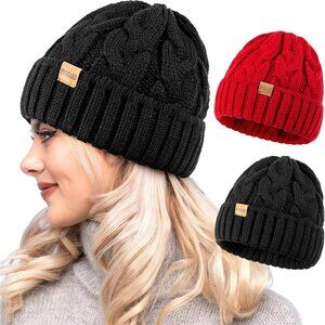 Women's Black Red 2 Packs Stylish Winter Warm Knitted Beanie Skull Hat Cap